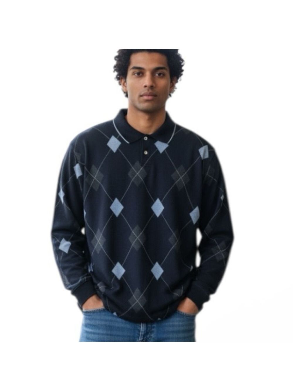 George Mens Blue and Gray Argyle Collared 2 Button Sweater XL